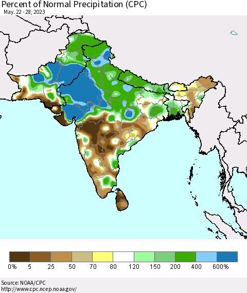Southern Asia Percent of Normal Precipitation (CPC) Thematic Map For 5/22/2023 - 5/28/2023