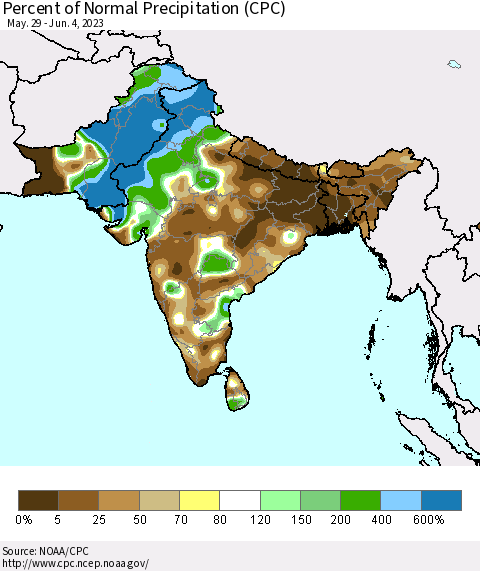 Southern Asia Percent of Normal Precipitation (CPC) Thematic Map For 5/29/2023 - 6/4/2023