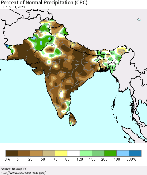 Southern Asia Percent of Normal Precipitation (CPC) Thematic Map For 6/5/2023 - 6/11/2023