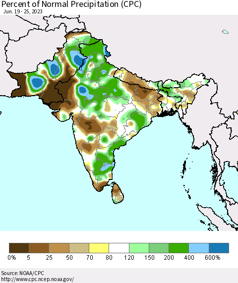 Southern Asia Percent of Normal Precipitation (CPC) Thematic Map For 6/19/2023 - 6/25/2023