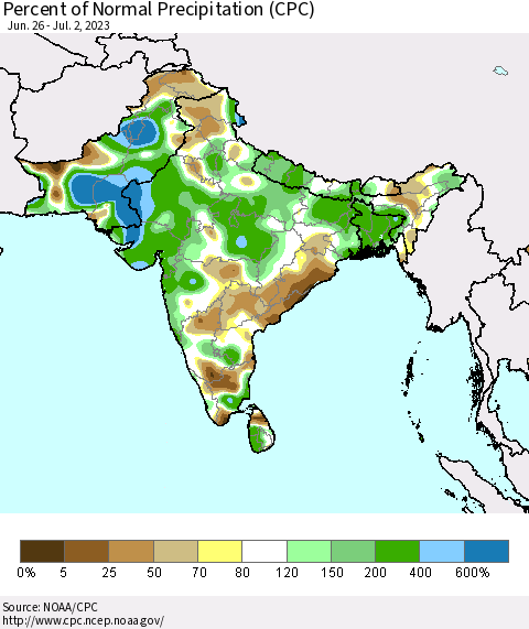 Southern Asia Percent of Normal Precipitation (CPC) Thematic Map For 6/26/2023 - 7/2/2023