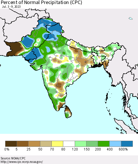 Southern Asia Percent of Normal Precipitation (CPC) Thematic Map For 7/3/2023 - 7/9/2023