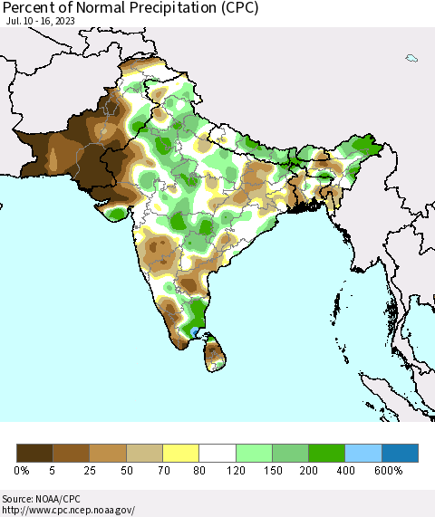 Southern Asia Percent of Normal Precipitation (CPC) Thematic Map For 7/10/2023 - 7/16/2023