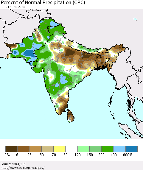 Southern Asia Percent of Normal Precipitation (CPC) Thematic Map For 7/17/2023 - 7/23/2023