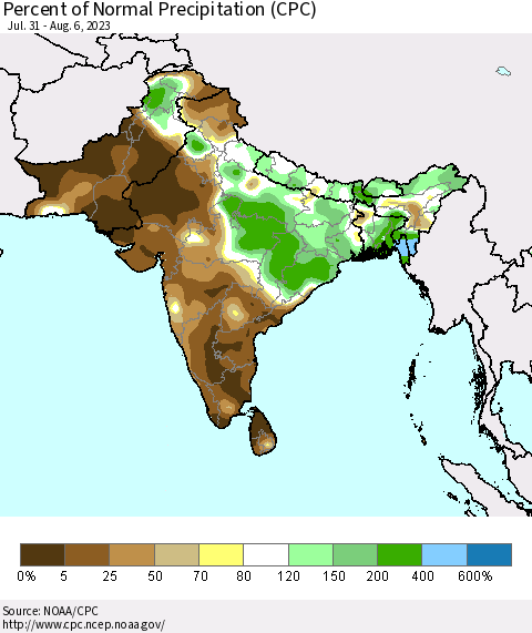 Southern Asia Percent of Normal Precipitation (CPC) Thematic Map For 7/31/2023 - 8/6/2023