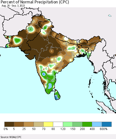 Southern Asia Percent of Normal Precipitation (CPC) Thematic Map For 8/28/2023 - 9/3/2023