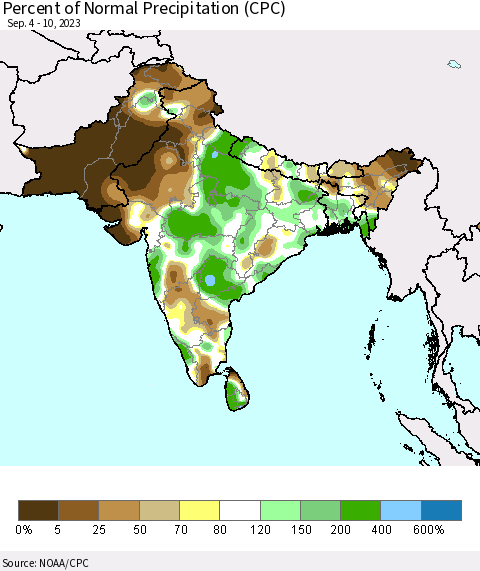 Southern Asia Percent of Normal Precipitation (CPC) Thematic Map For 9/4/2023 - 9/10/2023
