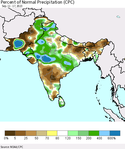 Southern Asia Percent of Normal Precipitation (CPC) Thematic Map For 9/11/2023 - 9/17/2023