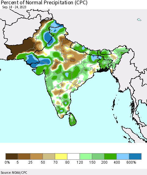 Southern Asia Percent of Normal Precipitation (CPC) Thematic Map For 9/18/2023 - 9/24/2023