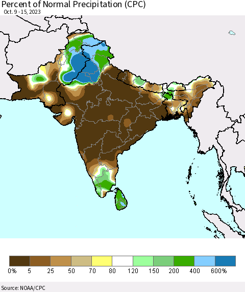 Southern Asia Percent of Normal Precipitation (CPC) Thematic Map For 10/9/2023 - 10/15/2023