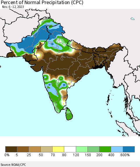 Southern Asia Percent of Normal Precipitation (CPC) Thematic Map For 11/6/2023 - 11/12/2023