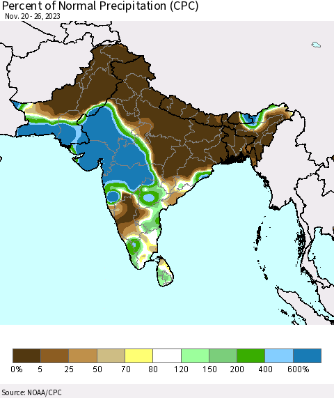 Southern Asia Percent of Normal Precipitation (CPC) Thematic Map For 11/20/2023 - 11/26/2023
