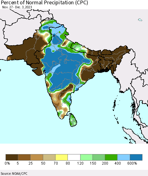 Southern Asia Percent of Normal Precipitation (CPC) Thematic Map For 11/27/2023 - 12/3/2023