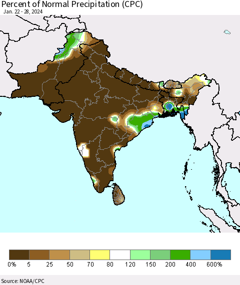 Southern Asia Percent of Normal Precipitation (CPC) Thematic Map For 1/22/2024 - 1/28/2024