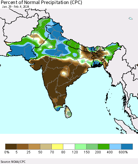 Southern Asia Percent of Normal Precipitation (CPC) Thematic Map For 1/29/2024 - 2/4/2024