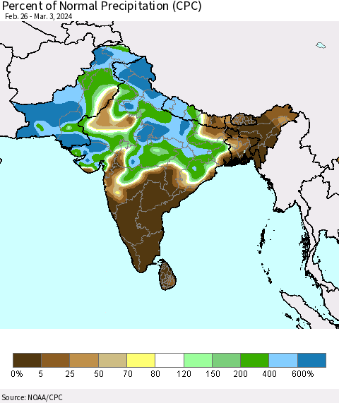 Southern Asia Percent of Normal Precipitation (CPC) Thematic Map For 2/26/2024 - 3/3/2024
