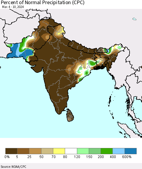Southern Asia Percent of Normal Precipitation (CPC) Thematic Map For 3/4/2024 - 3/10/2024