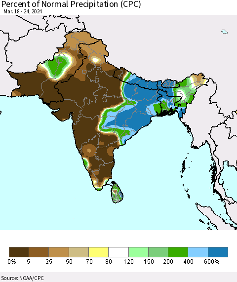 Southern Asia Percent of Normal Precipitation (CPC) Thematic Map For 3/18/2024 - 3/24/2024