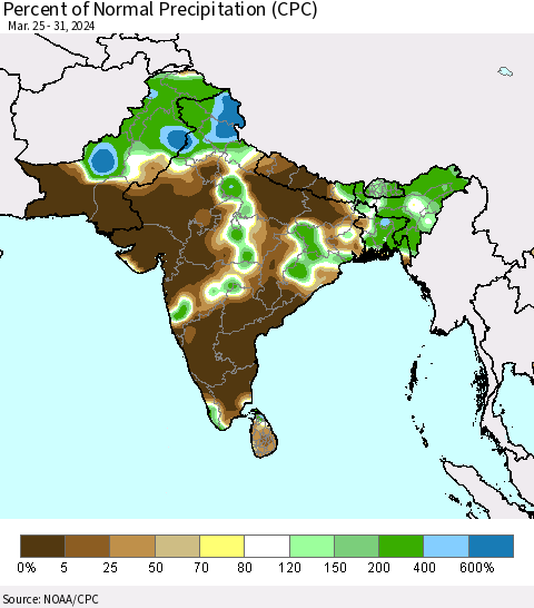 Southern Asia Percent of Normal Precipitation (CPC) Thematic Map For 3/25/2024 - 3/31/2024