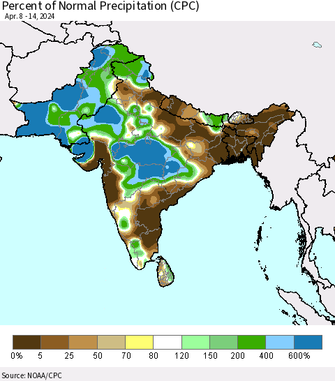 Southern Asia Percent of Normal Precipitation (CPC) Thematic Map For 4/8/2024 - 4/14/2024