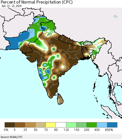 Southern Asia Percent of Normal Precipitation (CPC) Thematic Map For 4/15/2024 - 4/21/2024