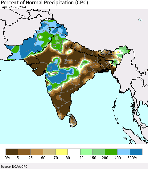 Southern Asia Percent of Normal Precipitation (CPC) Thematic Map For 4/22/2024 - 4/28/2024