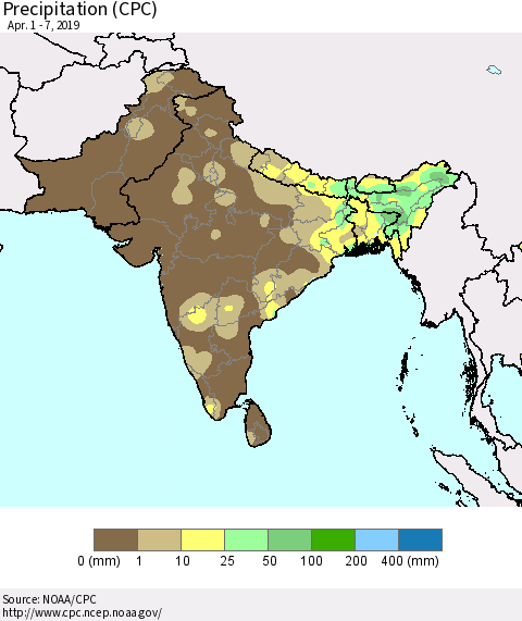 Southern Asia Precipitation (CPC) Thematic Map For 4/1/2019 - 4/7/2019