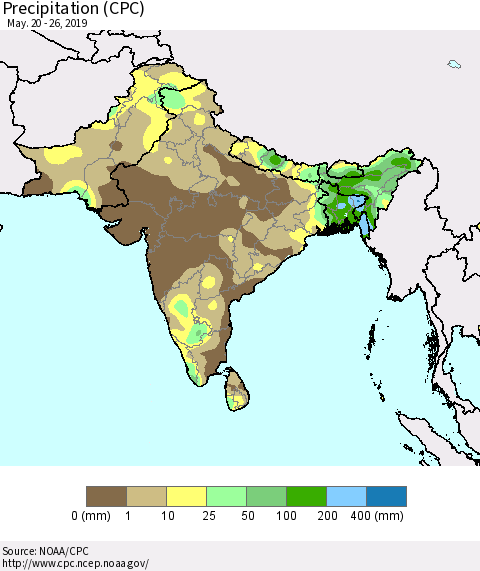Southern Asia Precipitation (CPC) Thematic Map For 5/20/2019 - 5/26/2019