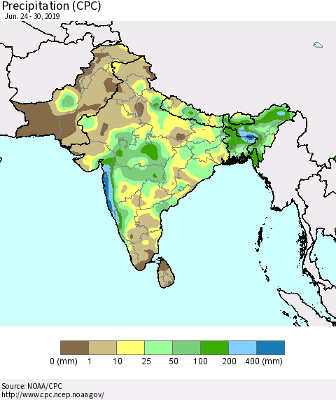 Southern Asia Precipitation (CPC) Thematic Map For 6/24/2019 - 6/30/2019