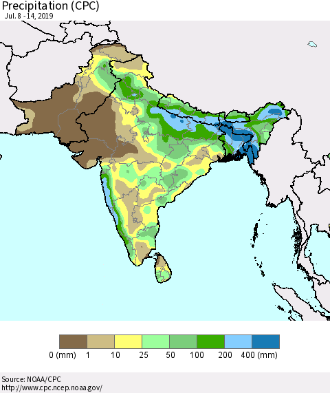 Southern Asia Precipitation (CPC) Thematic Map For 7/8/2019 - 7/14/2019