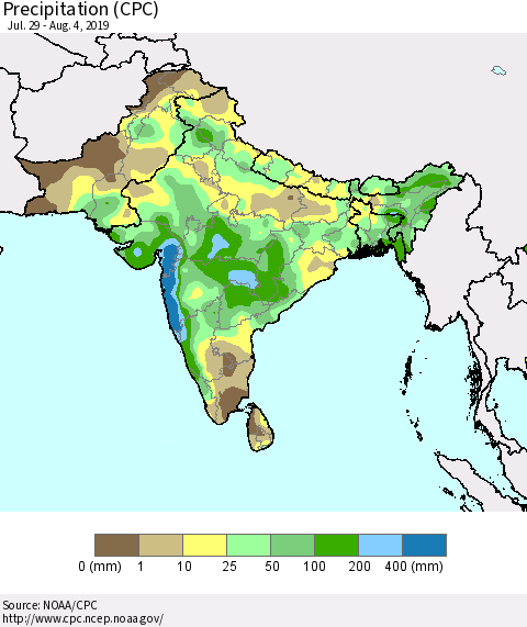 Southern Asia Precipitation (CPC) Thematic Map For 7/29/2019 - 8/4/2019