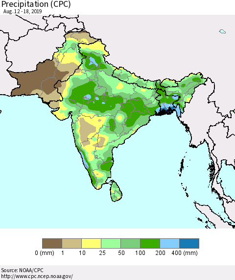 Southern Asia Precipitation (CPC) Thematic Map For 8/12/2019 - 8/18/2019