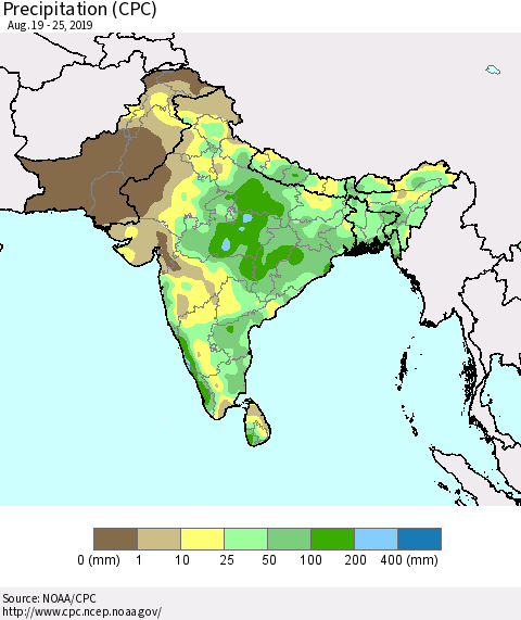 Southern Asia Precipitation (CPC) Thematic Map For 8/19/2019 - 8/25/2019