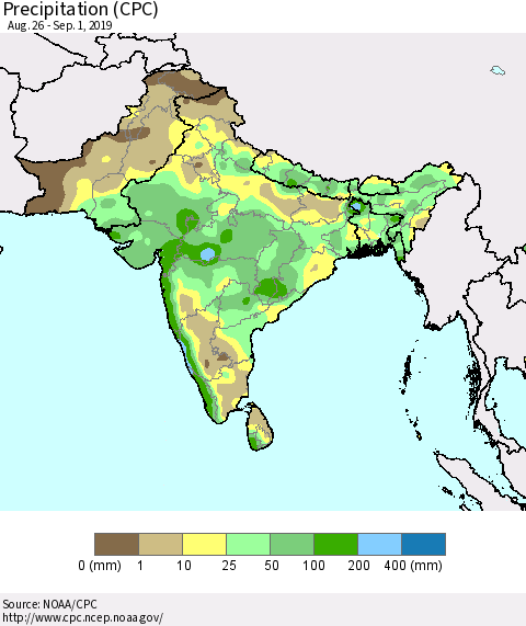 Southern Asia Precipitation (CPC) Thematic Map For 8/26/2019 - 9/1/2019