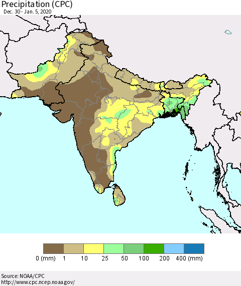 Southern Asia Precipitation (CPC) Thematic Map For 12/30/2019 - 1/5/2020