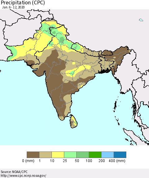 Southern Asia Precipitation (CPC) Thematic Map For 1/6/2020 - 1/12/2020
