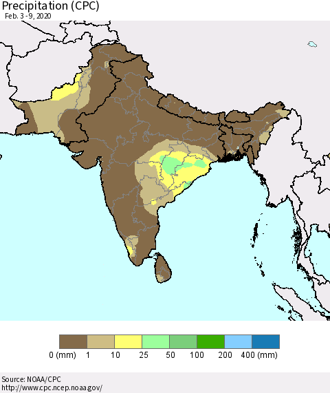 Southern Asia Precipitation (CPC) Thematic Map For 2/3/2020 - 2/9/2020