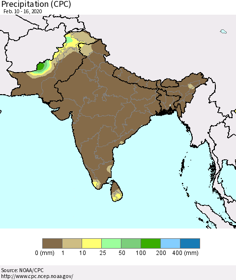 Southern Asia Precipitation (CPC) Thematic Map For 2/10/2020 - 2/16/2020