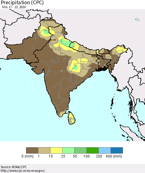 Southern Asia Precipitation (CPC) Thematic Map For 2/17/2020 - 2/23/2020