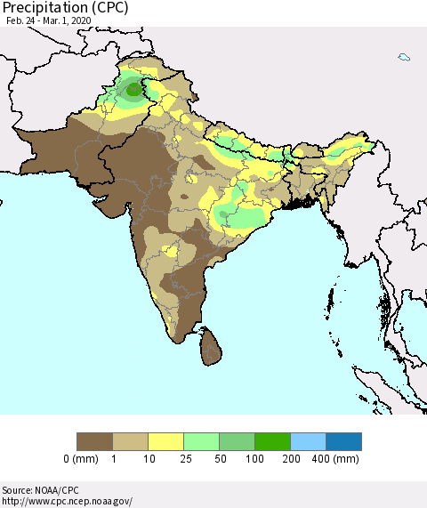 Southern Asia Precipitation (CPC) Thematic Map For 2/24/2020 - 3/1/2020