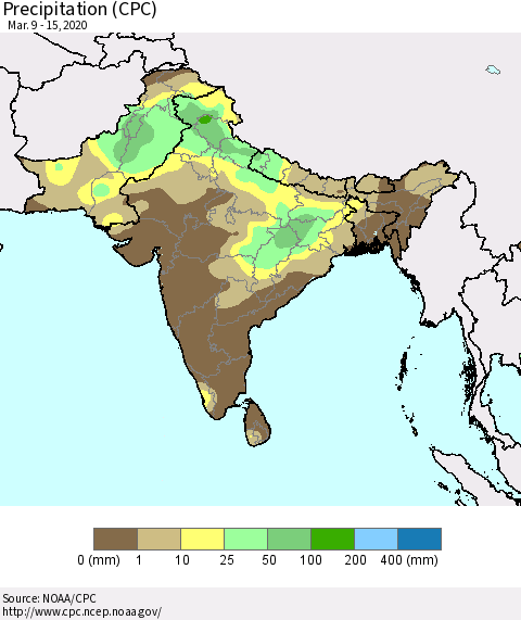 Southern Asia Precipitation (CPC) Thematic Map For 3/9/2020 - 3/15/2020