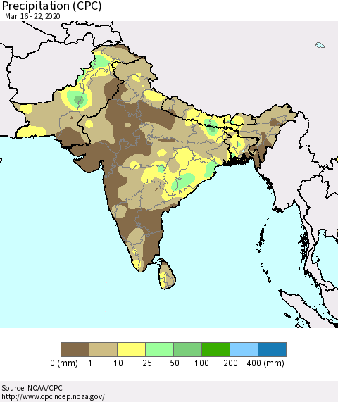 Southern Asia Precipitation (CPC) Thematic Map For 3/16/2020 - 3/22/2020