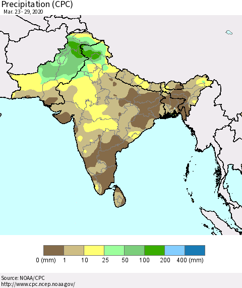 Southern Asia Precipitation (CPC) Thematic Map For 3/23/2020 - 3/29/2020