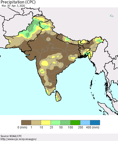 Southern Asia Precipitation (CPC) Thematic Map For 3/30/2020 - 4/5/2020
