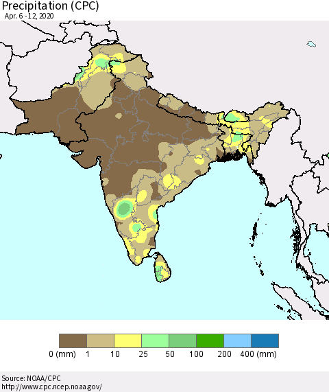Southern Asia Precipitation (CPC) Thematic Map For 4/6/2020 - 4/12/2020