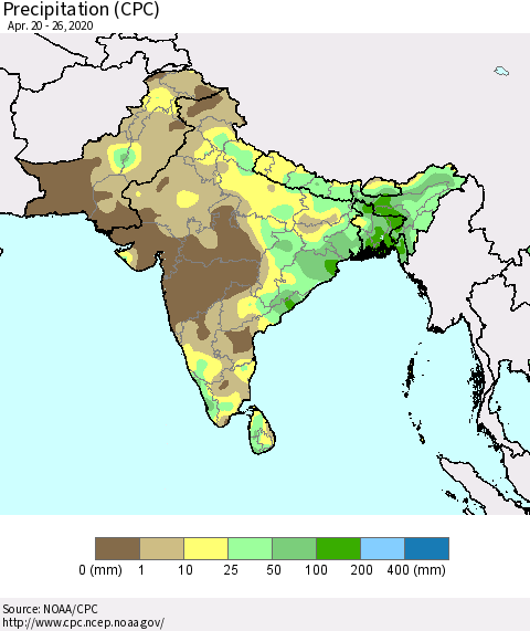 Southern Asia Precipitation (CPC) Thematic Map For 4/20/2020 - 4/26/2020