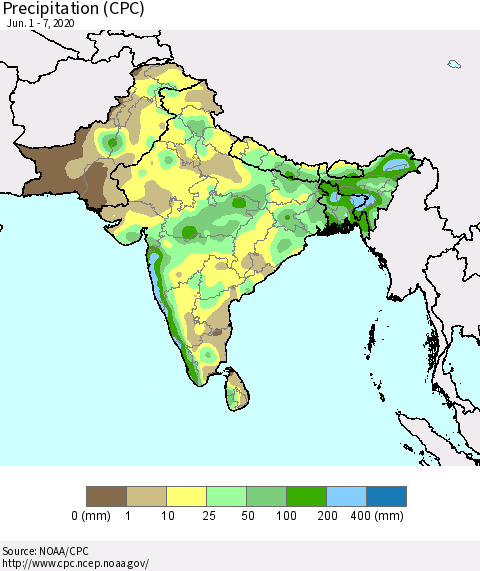 Southern Asia Precipitation (CPC) Thematic Map For 6/1/2020 - 6/7/2020