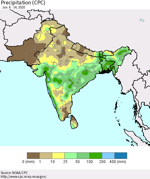 Southern Asia Precipitation (CPC) Thematic Map For 6/8/2020 - 6/14/2020