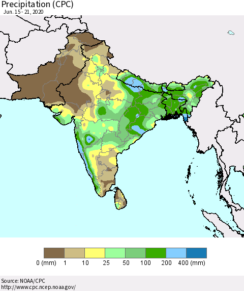 Southern Asia Precipitation (CPC) Thematic Map For 6/15/2020 - 6/21/2020