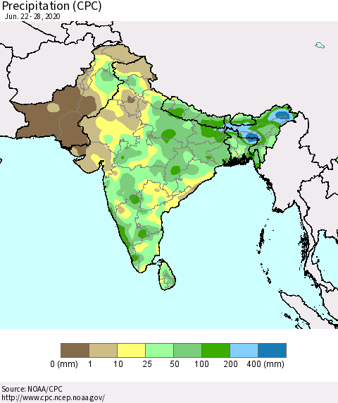 Southern Asia Precipitation (CPC) Thematic Map For 6/22/2020 - 6/28/2020